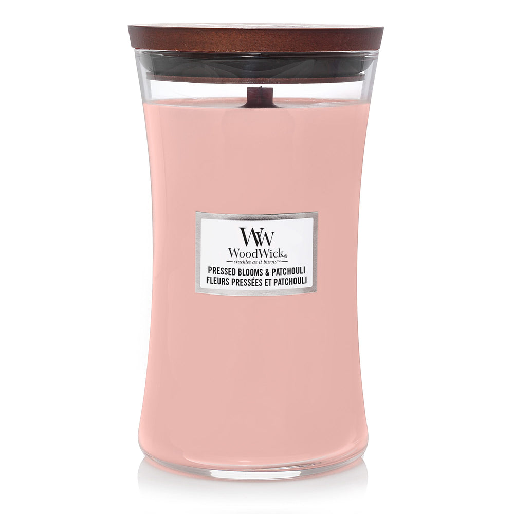 WoodWick Geurkaars Large Pressed Blooms & Patchouli - 18 cm / ø 10 cm - Geurkaars i Glas - Houten Lont