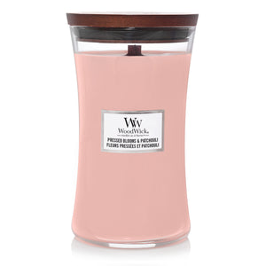WoodWick Geurkaars Large Pressed Blooms & Patchouli - 18 cm / ø 10 cm - Geurkaars i Glas - Houten Lont