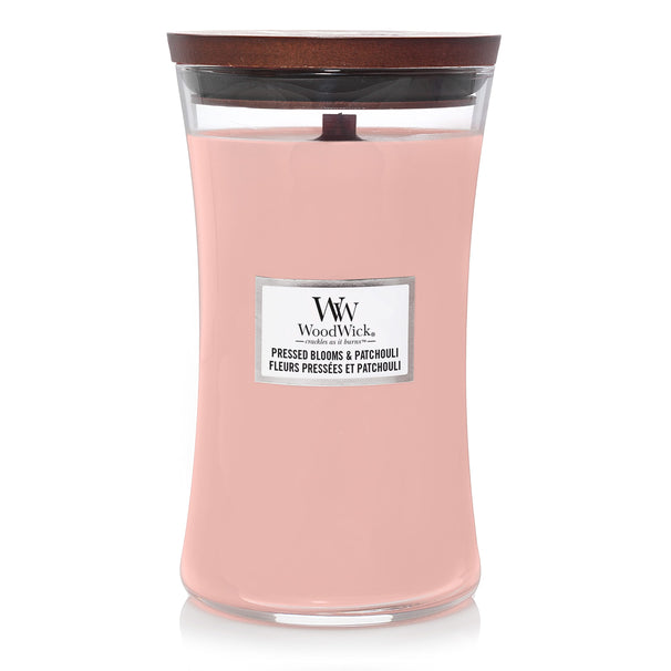 WoodWick Geurkaars Large Pressed Blooms & Patchouli - 18 cm / ø 10 cm - Geurkaars i Glas - Houten Lont