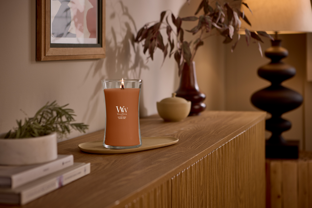 WoodWick Duftlys Large Saffron Smoke - 18 cm / ø 10 cm - Duftlys i Glas - Trævæge
