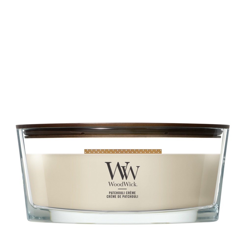 WoodWick Duftlys Ellipse Patchouli Crème - 9 cm / 19 cm - Duftlys i Glas - Trævæge