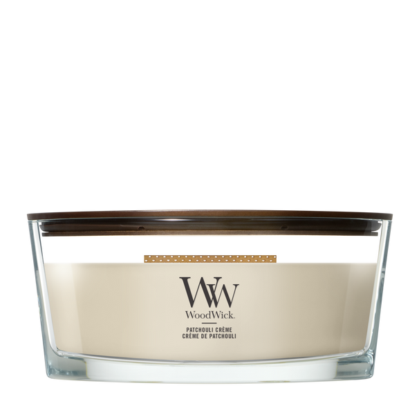 WoodWick Duftlys Ellipse Patchouli Crème - 9 cm / 19 cm - Duftlys i Glas - Trævæge