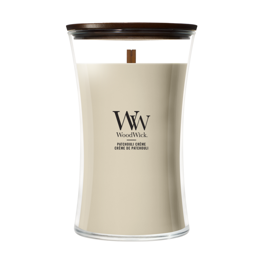 WoodWick Duftlys Large Patchouli Creme - 18 cm / ø 10 cm - Duftlys i Glas - Trævæge