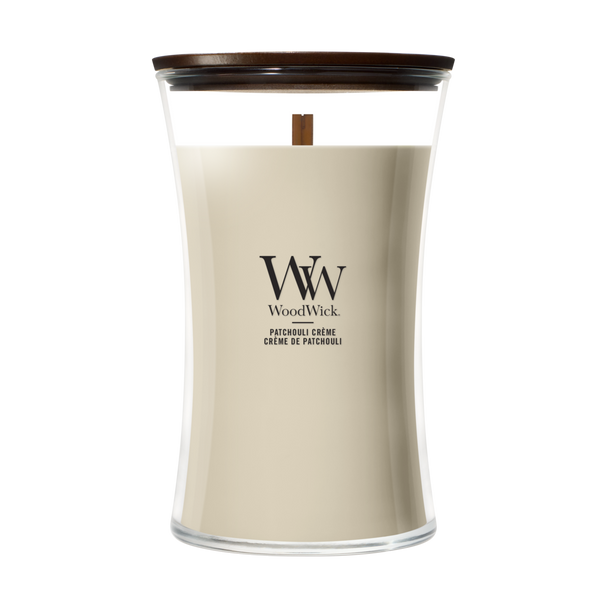 WoodWick Duftlys Large Patchouli Creme - 18 cm / ø 10 cm - Duftlys i Glas - Trævæge