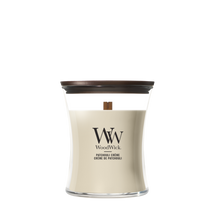 WoodWick Duftlys Medium Patchouli Crème - 11 cm / ø 10 cm - Duftlys i Glas - Trævæge