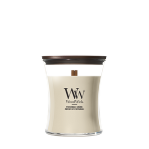 WoodWick Duftlys Medium Patchouli Crème - 11 cm / ø 10 cm - Duftlys i Glas - Trævæge