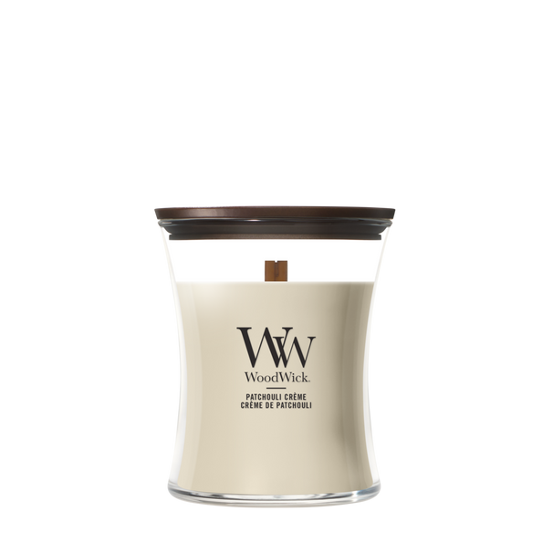 WoodWick Duftlys Medium Patchouli Crème - 11 cm / ø 10 cm - Duftlys i Glas - Trævæge