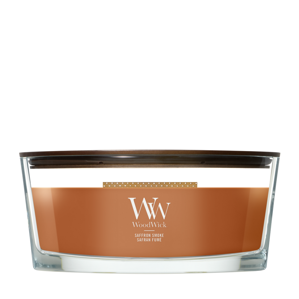 WoodWick Duftlys Ellipse Saffron Smoke - 9 cm / 19 cm - Duftlys i Glas - Trævæge