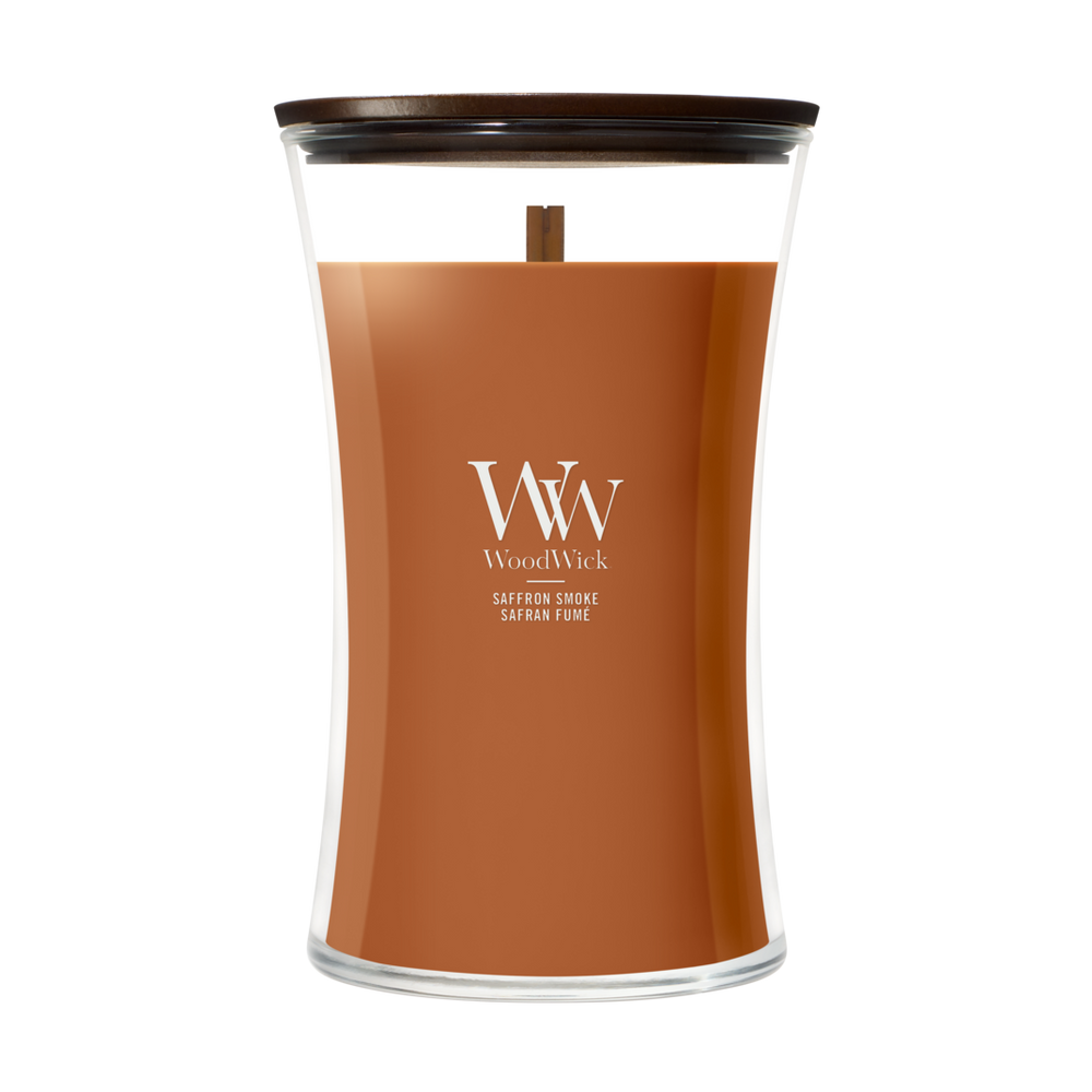 WoodWick Duftlys Large Saffron Smoke - 18 cm / ø 10 cm - Duftlys i Glas - Trævæge