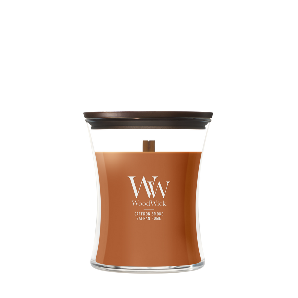 WoodWick Duftlys Medium Saffron Smoke - 11 cm / ø 10 cm - Duftlys i Glas - Trævæge