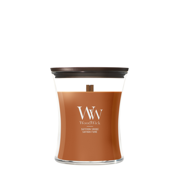 WoodWick Duftlys Medium Saffron Smoke - 11 cm / ø 10 cm - Duftlys i Glas - Trævæge
