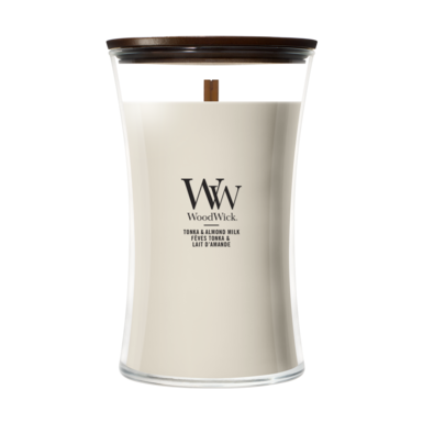 WoodWick Duftlys Large Tonka & Almond Milk - 18 cm / ø 10 cm - Duftlys i Glas - Trævæge