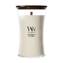 WoodWick Duftlys Large Tonka & Almond Milk - 18 cm / ø 10 cm - Duftlys i Glas - Trævæge