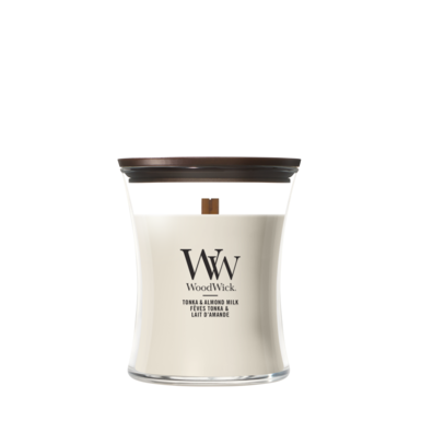 WoodWick Duftlys Medium Tonka & Almond Milk - 11 cm / ø 10 cm - Duftlys i Glas - Trævæge