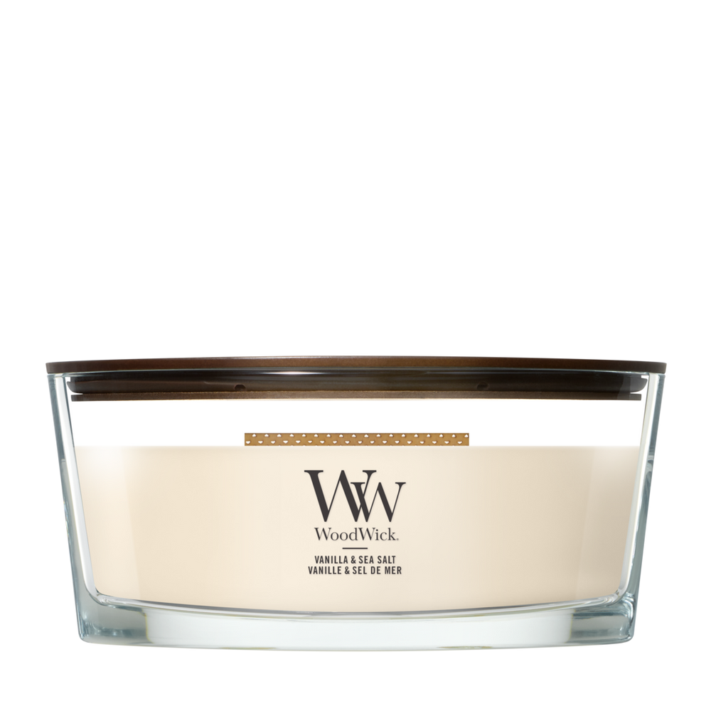 WoodWick Duftlys Ellipse Vanilla & Sea Salt - 9 cm / 19 cm - Duftlys i Glas - Trævæge