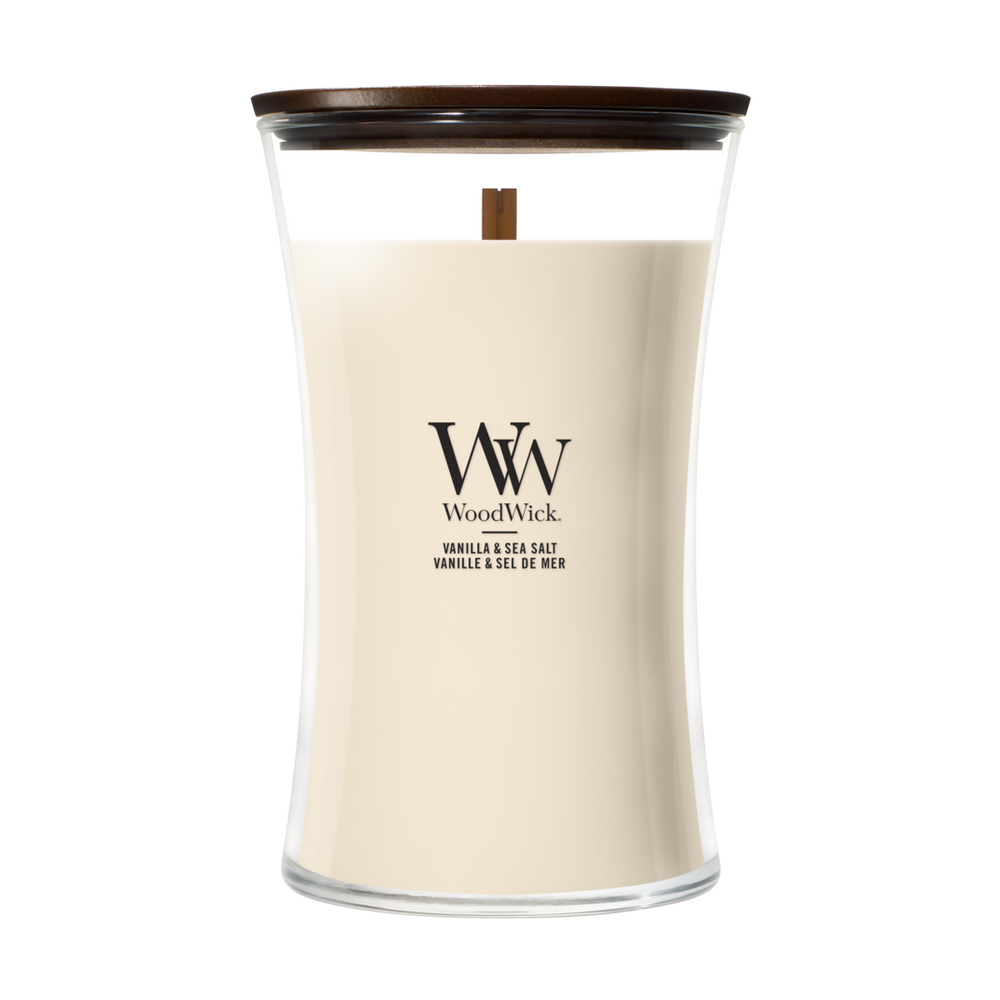 WoodWick Duftlys Large Vanilla & Sea Salt - 18 cm / ø 10 cm - Duftlys i Glas - Trævæge