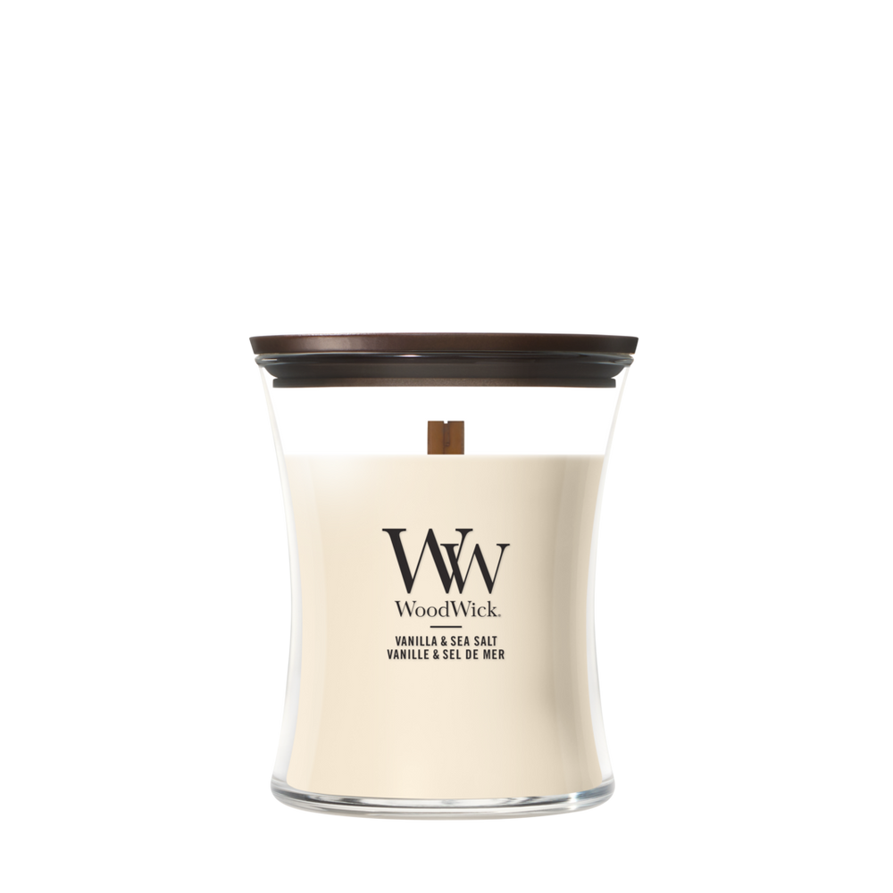 WoodWick Duftlys Medium Vanilla & Sea Salt - 11 cm / ø 10 cm - Duftlys i Glas - Trævæge