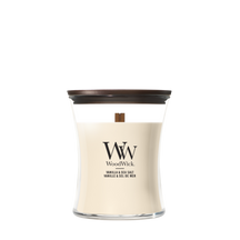 WoodWick Duftlys Medium Vanilla & Sea Salt - 11 cm / ø 10 cm - Duftlys i Glas - Trævæge