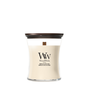 WoodWick Duftlys Medium Vanilla & Sea Salt - 11 cm / ø 10 cm - Duftlys i Glas - Trævæge
