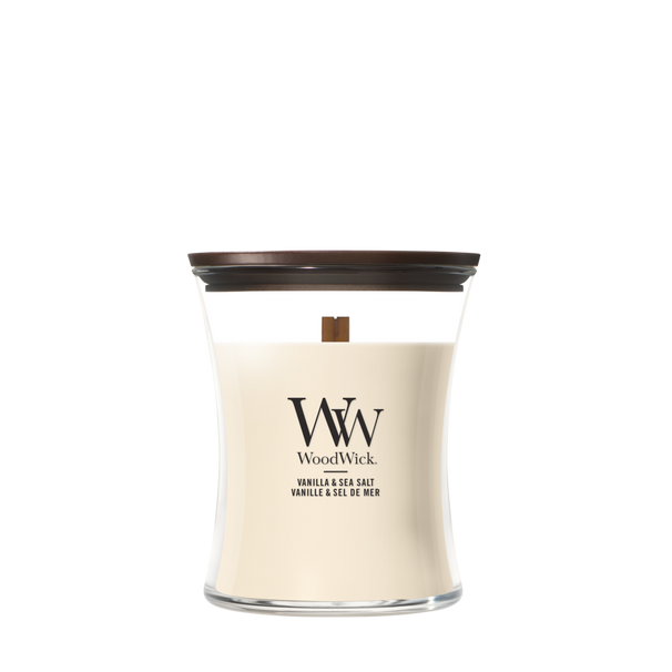 WoodWick Duftlys Medium Vanilla & Sea Salt - 11 cm / ø 10 cm - Duftlys i Glas - Trævæge