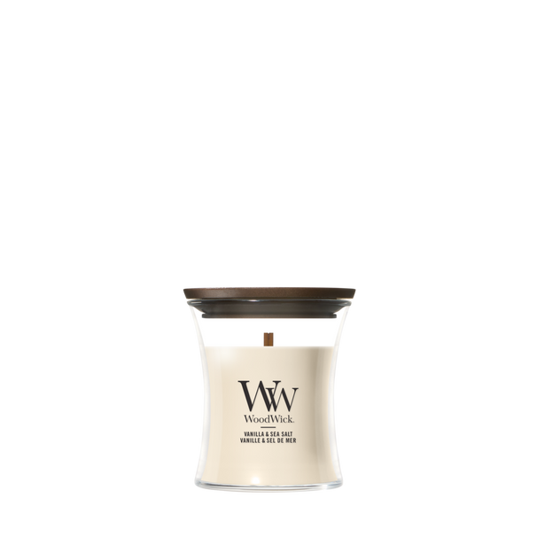 WoodWick Duftlys Mini Vanilla & Sea Salt - 8 cm / ø 7 cm - Duftlys i Glas - Trævæge