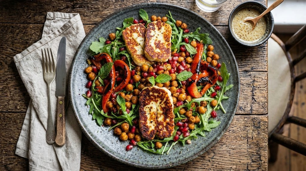 Goudbruin gebakken halloumi op een bedje van warme groenten met een rokerig randje.