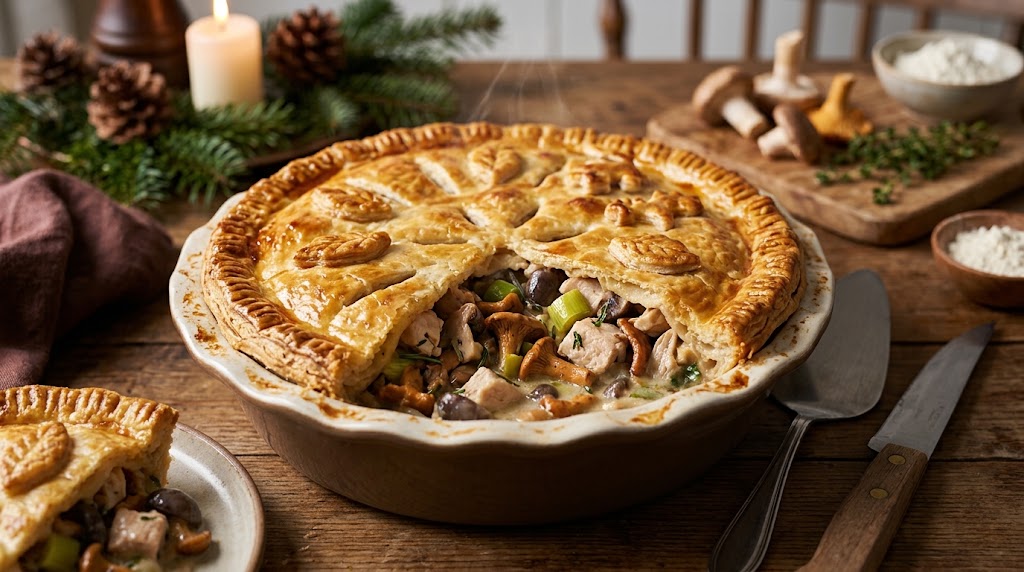 Een warme, hartige pie vol kip en paddenstoelen voor de koudste dagen.