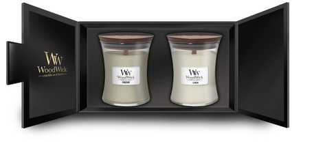 WoodWick Giftset Geurkaars Medium Fireside & Linen - 2 Stuks - Geurkaars i Glas - Trævæge