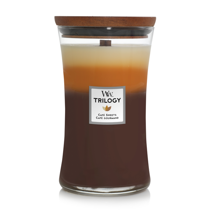 WoodWick Duftlys Large Trilogy Café Sweets - 18 cm / ø 10 cm - Duftlys i Glas - Trævæge