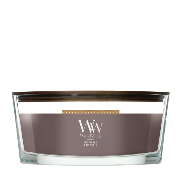 WoodWick Duftlys Ellipse Iris Woods - 9 cm / 19 cm - Duftlys i Glas - Trævæge