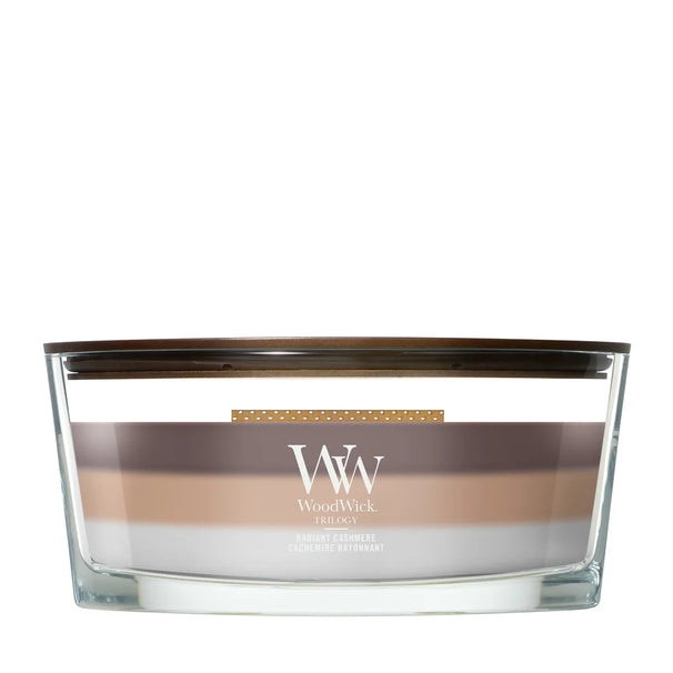 WoodWick Duftlys Ellipse Trilogy Radiant Cashmere - 9 cm / 19 cm - Duftlys i Glas - Trævæge