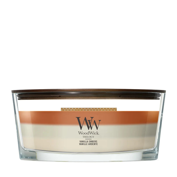 WoodWick Duftlys Ellipse Trilogy Vanilla Embers - 9 cm / 19 cm - Duftlys i Glas - Trævæge