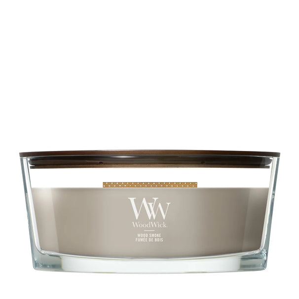WoodWick Duftlys Ellipse Wood Smoke - 9 cm / 19 cm - Duftlys i Glas - Trævæge