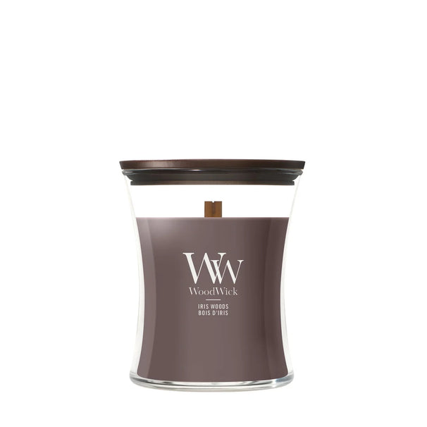 WoodWick Duftlys Medium Iris Woods - 11 cm / ø 10 cm - Duftlys i Glas - Trævæge