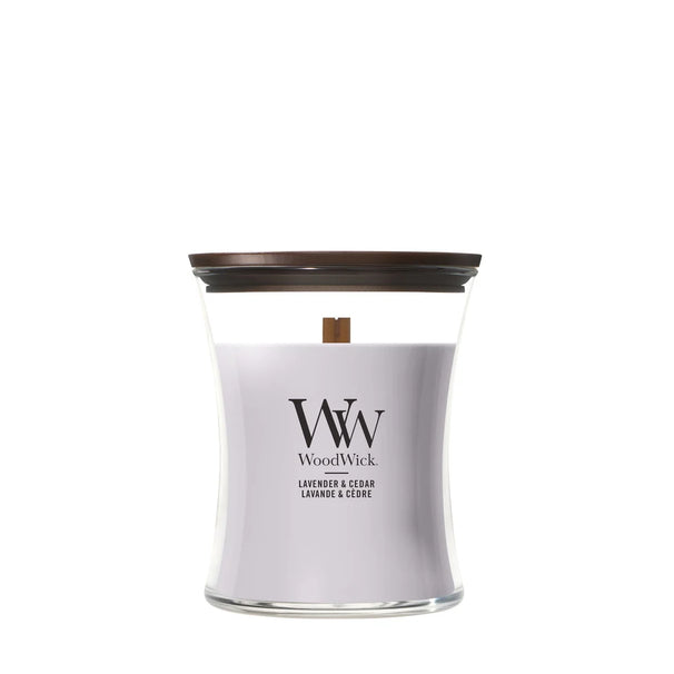 WoodWick Duftlys Medium Lavendel & Ceder - 11 cm / ø 10 cm - Duftlys i Glas - Trævæge