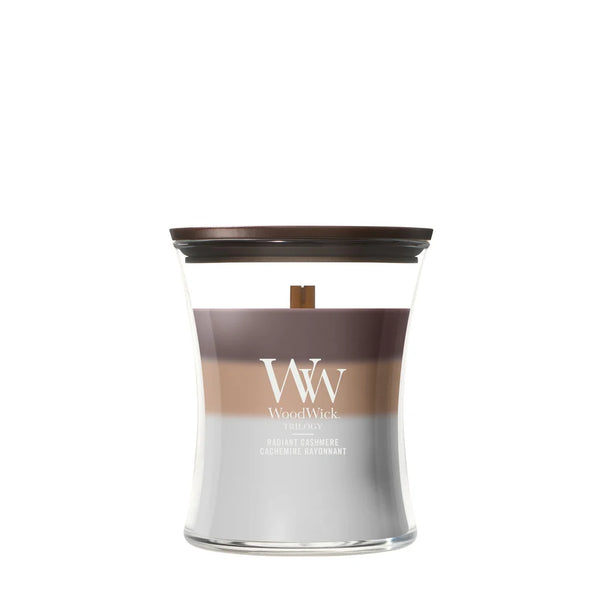 WoodWick Duftlys Medium Trilogy Radiant Cashmere - 11 cm / ø 10 cm - Duftlys i Glas - Trævæge