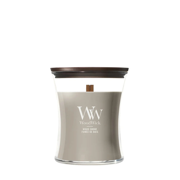 WoodWick Duftlys Medium Wood Smoke - 11 cm / ø 10 cm - Duftlys i Glas - Trævæge