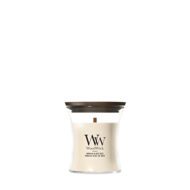 WoodWick Duftlys Mini Vanilla & Sea Salt - 8 cm / ø 7 cm - Duftlys i Glas - Trævæge