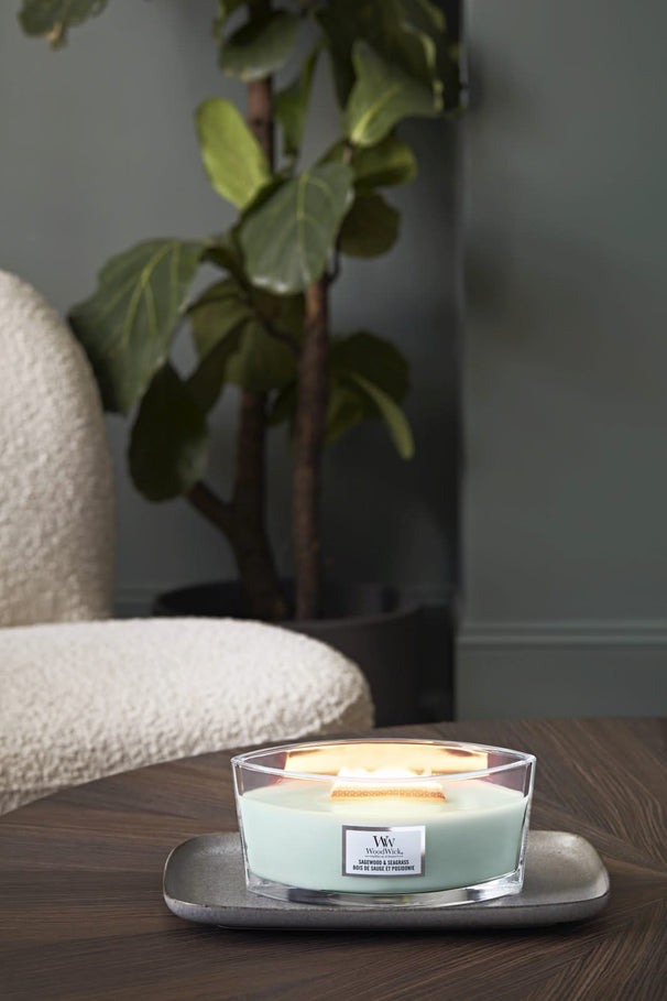 WoodWick Geurkaars Mini Sagewood & Seagrass - 8 cm / ø 7 cm - Geurkaars i Glas - Houten Lont