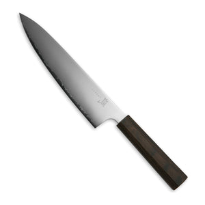 Yaxell Koksmes Hana 20 cm 3 laags RVS met donkerbruin pakkahouten heft, vrijstaand op witte achtergrond