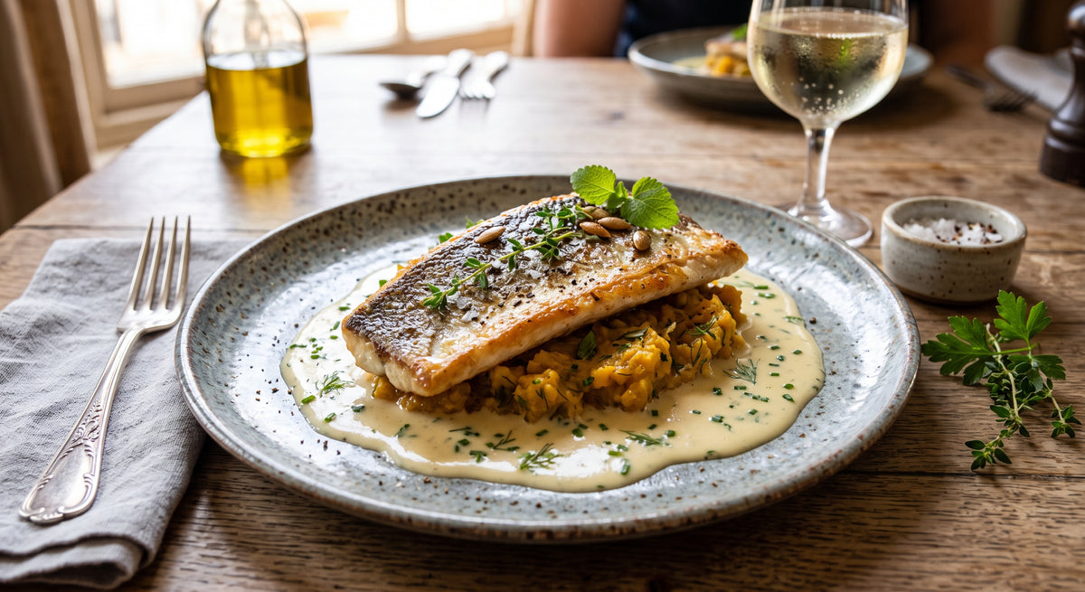 Elegant fisk med en fløjlsblød sauce og sød græskarkompot