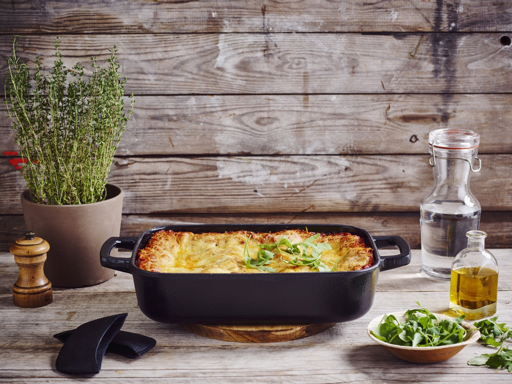Alva Ovenskål / Braadslede Gietijzer Nori + Gratis Læderhåndtag - 30 x 21 x 8.2 cm - emaljeret non-stick belægning