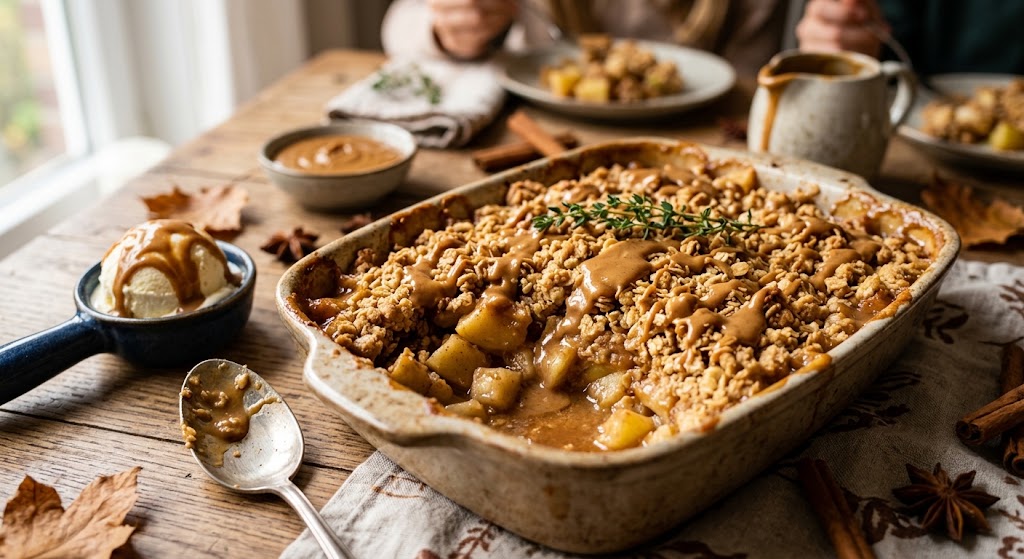 Sprød crumble, bløde pærer og æbler og en varm speculoossauce over: det er efterår på sit bedste.