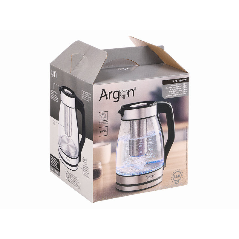 Argon Vandkoger Glas / RVS med Filter - 1.5 Liter - 1500 W