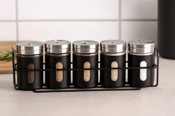 Cookinglife Krydderireol Sort 5-Delt - Med Krydderistrøere 80 ml