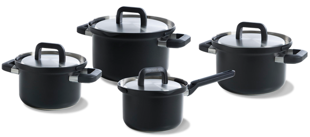 BK Pannenset Flow Cool Sort 4-delt - RVS - Kogepande ø 16, 18, 20 cm & Stegepande ø 16 cm
