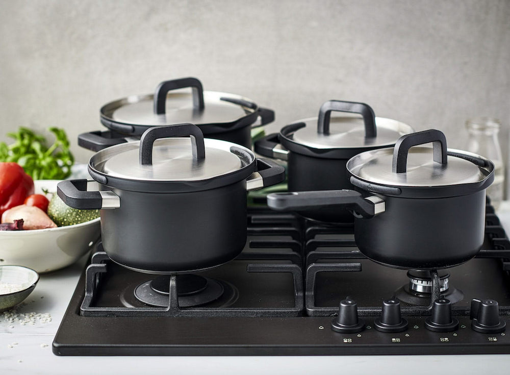 BK Pannenset Flow Cool Sort 4-delt - RVS - Kogepande ø 16, 18, 20 cm & Stegepande ø 16 cm