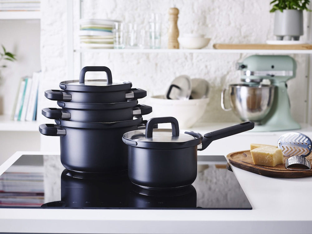 BK Pannenset Flow Cool Sort 4-delt - RVS - Kogepande ø 16, 18, 20 cm & Stegepande ø 16 cm