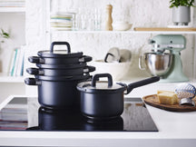 BK Pannenset Flow Cool Sort 4-delt - RVS - Kogepande ø 16, 18, 20 cm & Stegepande ø 16 cm