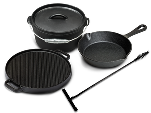 Blackwell Dutch Oven BBQ Gietijzer Set 4-Delig - Braadpan + Lifter, Koekenpan ø 20 cm & Grillplaat ø 30 cm - egnet til alle varmekilder - uden non-stick belægning